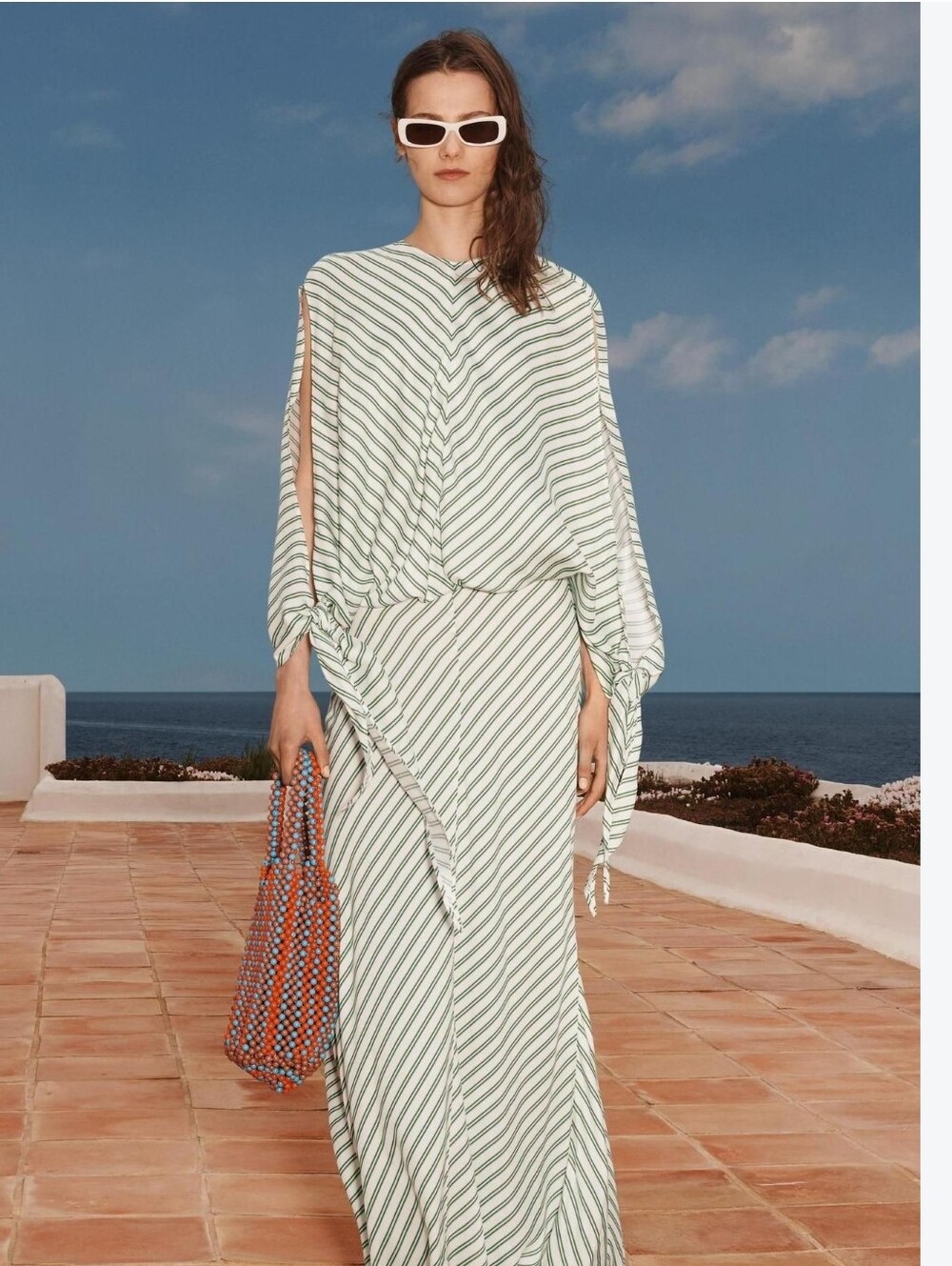 New ZaraStriped Green Tie-Sleeve Maxi Dress Size XS